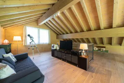 a living room with a couch and a television and a camera at Primula in Wildhaus