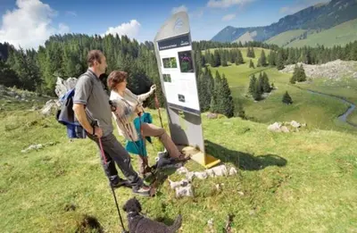 two people standing next to a sign in a field at Appartement Unterstädeli Engelburg SG in Wittenbach