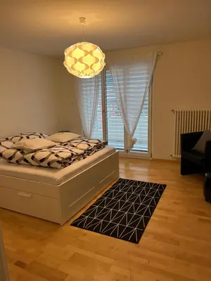a bedroom with a bed and a chandelier at Amazing lakeview flat Horn in Horn