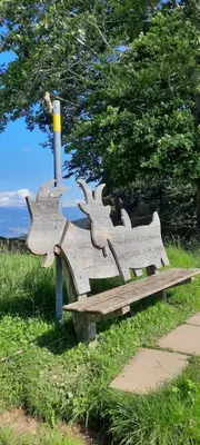 a wooden bench sitting in the grass next to a pole at Vreni`s Ferienwohnung in Gais