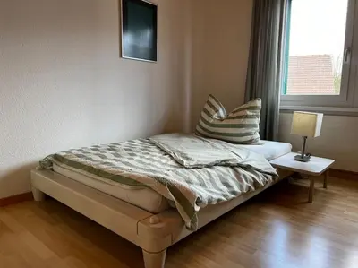 a bed with pillows on it in a room with a window at Charmante und zentrale Wohnung am Weiherpark Arbon in Arbon
