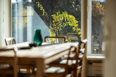 a wooden table with chairs and a plant on a window at Luxury apartment with terrace and garden free parking smart TV etc in St. Gallen
