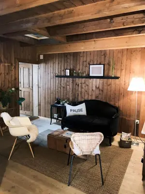 a living room with a black couch and chairs at Fischerhäuser Romanshorn in Romanshorn