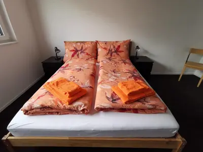 a bed with two pillows on top of it at Ferienwohnung Hirschen in Gossau