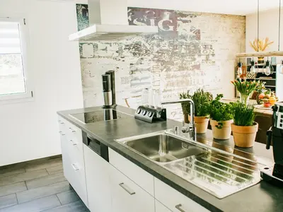 a kitchen with a sink and a counter with plants at Ferienhausträume Oase Bodensee in Kreuzlingen